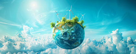 Futuristic 3D globe showcasing the rise of renewable energy sources across continentsの素材