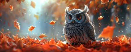 A chibi owl surrounded by autumn leaves, playful in the crisp air, joy in every featherの素材