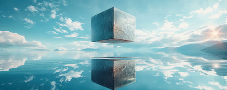 Cube gently floating above a reflective surface, creating a symmetrical illusionの素材