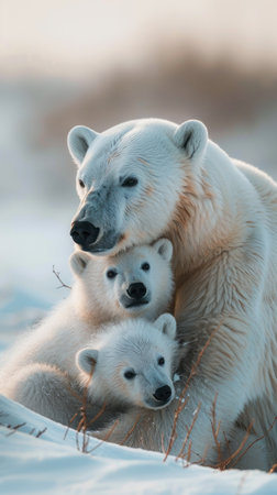 Polar bear mother with cubs survival and tenderness in the Arctic expanseの素材