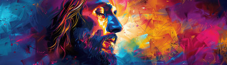 Abstract colorful Jesus Christ digital painting, vibrant vector illustration, spiritual and artistichyper realisticの素材