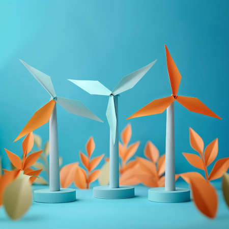 Crafted paper wind turbines, symbolizing renewable energy, carbon neutral, space for textの素材