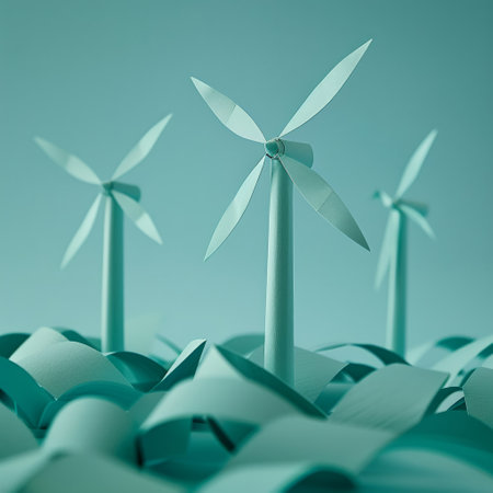 Crafted paper wind turbines, symbolizing renewable energy, carbon neutral, space for textの素材