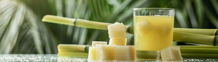 Clear glass of sugar cane juice with cut cane, white background, large copy spaceの素材