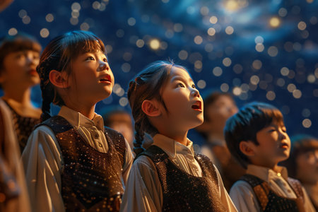 Children in chorus, 3D rendered singing scene, music school backdrop, under a grand starry night skyの素材