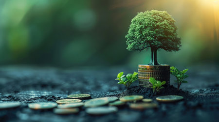 Money stacks growing like a graph with a tree on top, investment growth, text spaceの素材