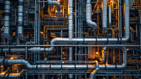 Detailed shot of complex piping in a refinery, engineering marvel, close viewの素材