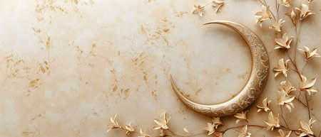 Islamic greetings card with elegant crescent moon on beige backgroundの素材