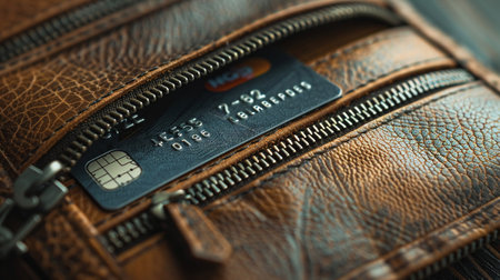 Unzipped wallet and credit card, detailed leather texture, finance and luxury themeの素材