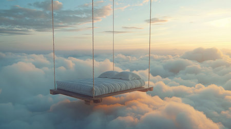 Surreal image of a bed suspended in light vanilla clouds, capturing the essence of peaceful dreamingの素材