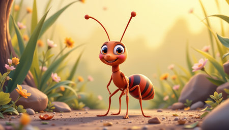 A cute animated ant character standing on path surrounded by flowers and greenery, radiating joy and playfulnessの素材