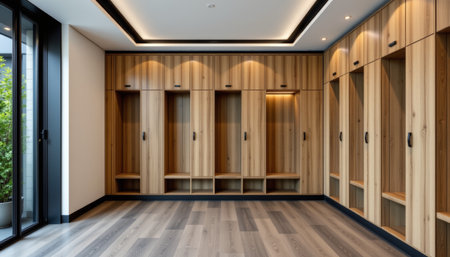A modern gym locker room featuring wooden lockers and sleek design, creating warm and inviting atmosphereの素材