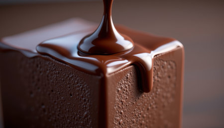A closeup of shiny chocolate drip on smooth surface, creating rich and indulgent appearanceの素材
