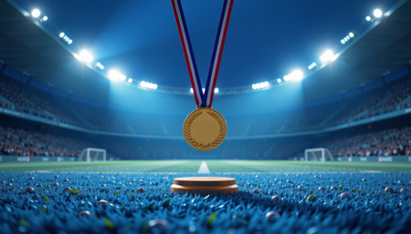 A gold medal hanging on ribbon, illuminated in stadium, symbolizes victory and achievement in sportsの素材