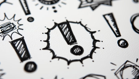 A closeup of sketchy comic art featuring various hand drawn symbols like exclamation marks and bursts, conveying excitementの素材