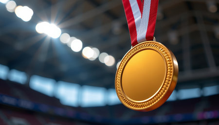 A closeup of gleaming gold medal with red and white ribbon, symbolizing achievement and victory in sportsの素材