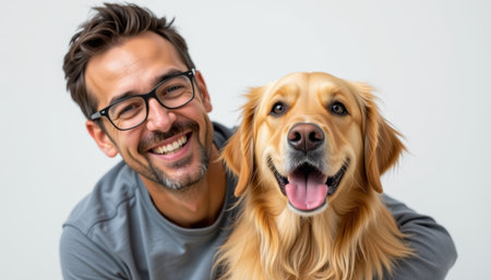 A joyful man smiles with golden retriever, showcasing bond of friendship and happinessの素材