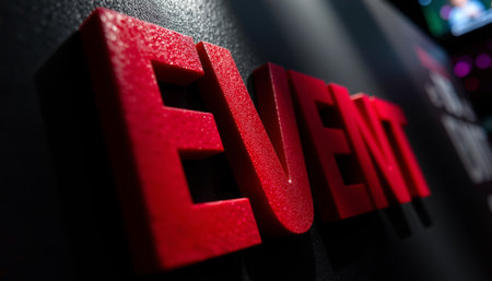 A closeup of thick red text spelling event on dark background, creating bold visual impactの素材