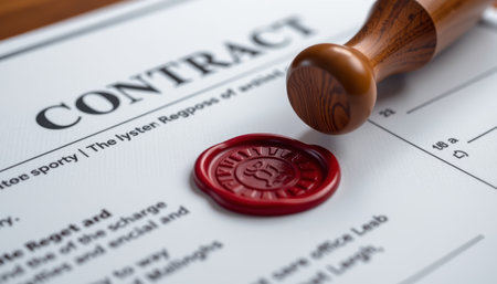 A closeup of contract form featuring wax seal and wooden stamp, symbolizing authenticity and agreementの素材