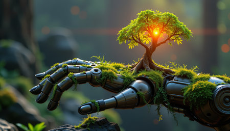 A futuristic concept of life creation, showcasing robotic hand with tree growing from it, symbolizing harmony between technologyの素材