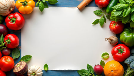 A fresh vegetables and fruits arranged around blank , creating vibrant food background that inspires creativityの素材