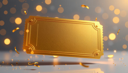 A floating gold ticket surrounded by shimmering confetti creates festive atmosphere, perfect for celebrationsの素材