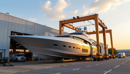 A modern yacht maintenance facility with large luxury yacht under crane, showcasing advanced technology and craftsmanshipの素材
