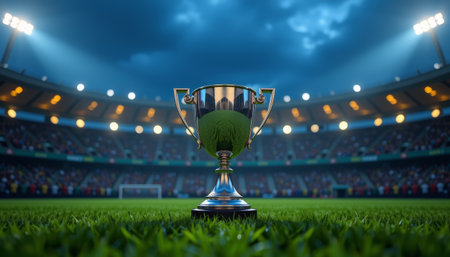 A silver tournament cup stands prominently lush green field, surrounded by vibrant stadium filled with cheering fans dramaticの素材