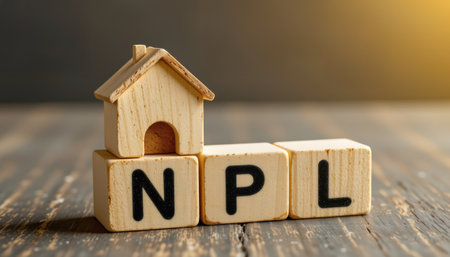 A wooden house icon sits atop stacked blocks with letters, symbolizing home and stability. warm lighting adds cozy feelの素材