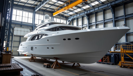 An elegant ocean vessel under construction, showcasing modern design and craftsmanship in spacious workshopの素材