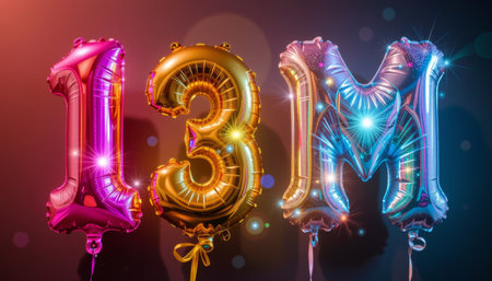 A celebratory balloon numbers 1, 3, and m in vibrant colors, perfect for milestone eventの素材