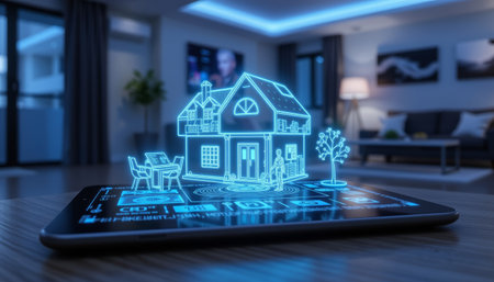 A closeup of futuristic tablet displaying holographic house design, showcasing advanced technology in modern living roomの素材