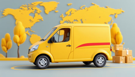 A bright yellow delivery van parked beside stacked boxes against world map backdrop, symbolizing global shippingの素材