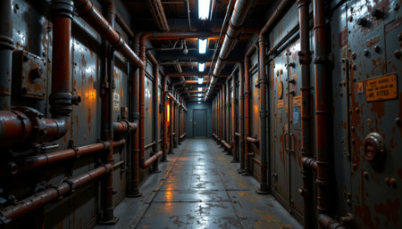 An industrial corridor with steampunk elements, featuring rusty pipes and dim lighting, creates mysterious atmosphereの素材
