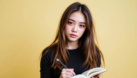 A young woman with long hair is writing in notebook against yellow background, expressing focus and creativityの素材