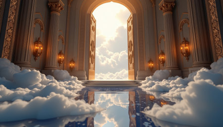 A stunning view of ornate doorway opening to bright sky, with clouds reflecting on serene surface, creating dreamlike atmosphereの素材