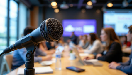 A closeup of dynamic microphone in conference room setting, capturing focus of meeting with engaged participantsの素材