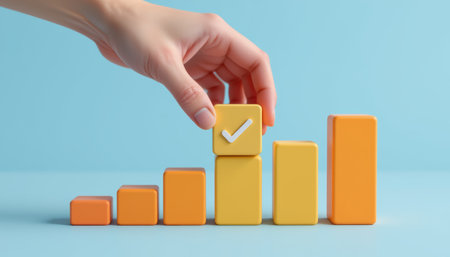 A hand places final checkmark on yellow block in growing bar graph, symbolizing achievement and progressの素材