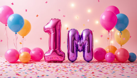 A bright and colorful celebration setup with balloons and confetti, perfect for milestone eventの素材