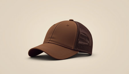 A stylish brown cap with mesh back, perfect for casual outings and outdoor activities, offering comfort and breathabilityの素材