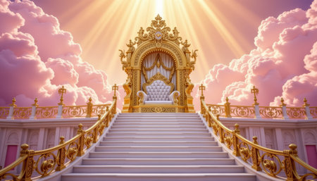 A majestic throne sits heavenly realm, surrounded by soft pink clouds and radiant light, evoking sense of grandeur and serenityの素材