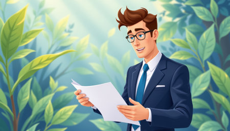 An animated businessman in suit reviewing document in lush green environment, expressing focus and determinationの素材