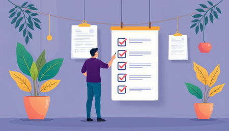 A checklist audit by professional figure, man reviewing tasks on large checklist in modern office setting, surrounded by plantsの素材
