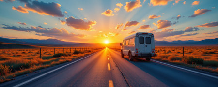 A van driving on open road during vibrant sunset, surrounded by mountains and fields, evokes sense of adventure and freedomの素材