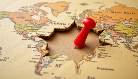 An exploring world map with red pushpin marking specific location, symbolizing travel and discoveryの素材