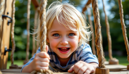 A closeup of blonde child with blue eyes smiling happily while playing on wooden rope bridge outdoors in parkの素材