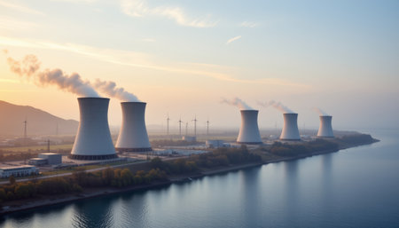 A nuclear cooling tower power plant river sunset smoke wind turbine industrial energy landscapeの素材