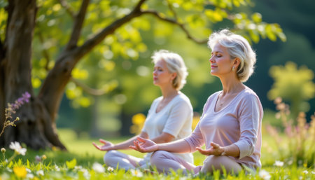 A two women with gray hair meditating outdoors in peaceful green park, sitting cross legged on grass with eyes closedの素材