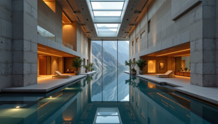 An indoor pool with modern architecture and mountain view through large glass wall, peaceful and luxurious atmosphereの素材