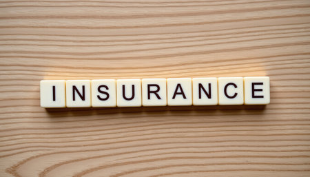 An insurance word spelled with letter blocks on wooden surface, concept of protection and securityの素材